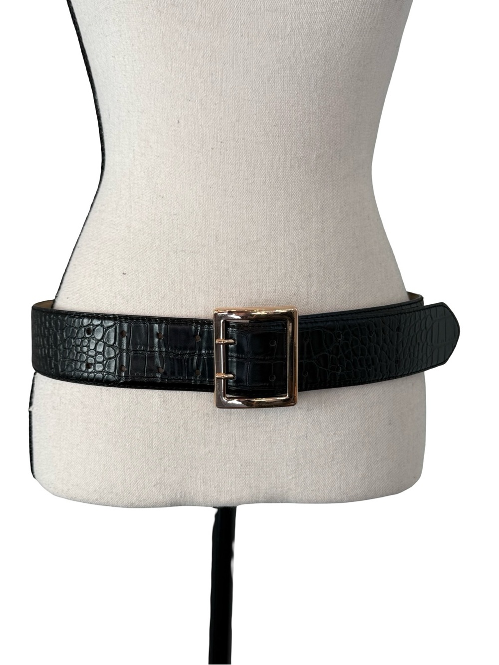 Risantry Black Croc Embossed Wide Waist Belt Gold Buckle Size Medium